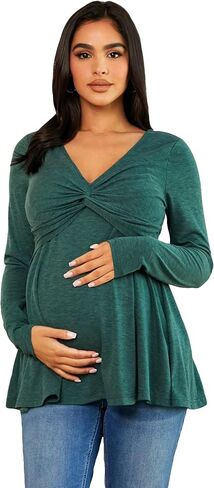 MakeMeChic Women's Maternity Solid Twist Front Peplum Top Long Sleeve V Neck Knitted Tee Shirt in Saudi Arabia