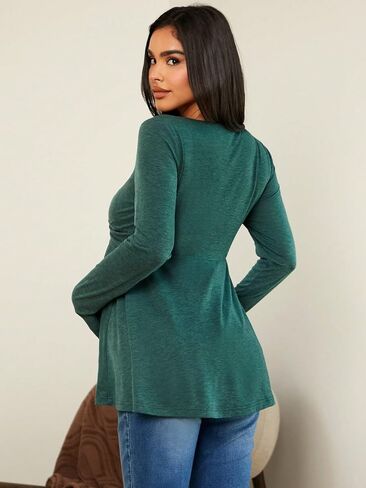 MakeMeChic Women's Maternity Solid Twist Front Peplum Top Long Sleeve V Neck Knitted Tee Shirt in Saudi Arabia