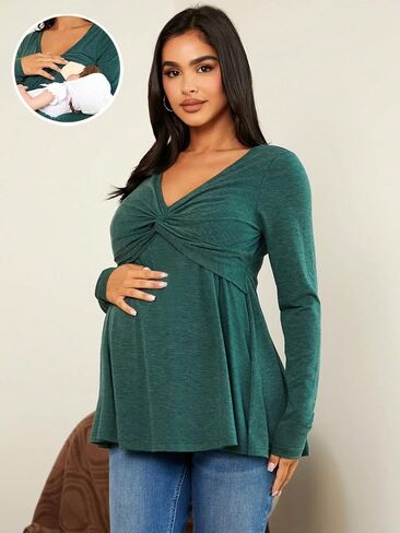 MakeMeChic Women's Maternity Solid Twist Front Peplum Top Long Sleeve V Neck Knitted Tee Shirt in Saudi Arabia
