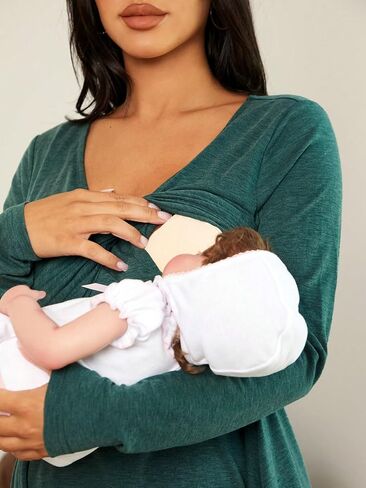 MakeMeChic Women's Maternity Solid Twist Front Peplum Top Long Sleeve V Neck Knitted Tee Shirt in Saudi Arabia