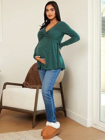 MakeMeChic Women's Maternity Solid Twist Front Peplum Top Long Sleeve V Neck Knitted Tee Shirt in Saudi Arabia