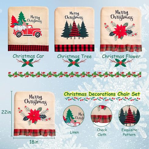 Wagevedex 3 Pack Christmas Dining Chair Covers - Chair Back Slipcovers of Printed Christmas Tree Flower Car for Kitchen Restaurant Hotel Holiday Party Wedding Festival Table Xmas Decor in Kuwait