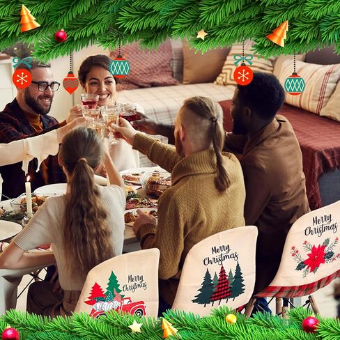 Wagevedex 3 Pack Christmas Dining Chair Covers - Chair Back Slipcovers of Printed Christmas Tree Flower Car for Kitchen Restaurant Hotel Holiday Party Wedding Festival Table Xmas Decor in Kuwait