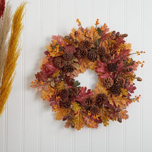 Nearly Natural 4598 24" Oak Leaf, Acorn & Pine Wreath Multi/Color in Saudi Arabia