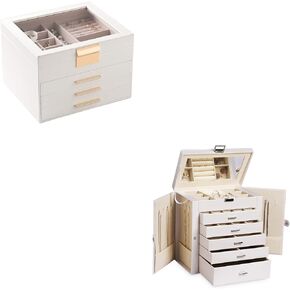 Frebeauty Large Clear Lid Jewelry Box Bundle:Multi-functional with 5 Drawers (White) and 4 Layers Jewelry Organizer (White) for Rings Earrings Necklace Bracelets for Women Girls in Kuwait