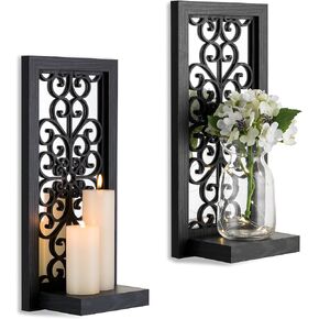 Walasis Rustic Candle Sconces Mirror Wall Decor Black Mirrored Wall Sconce Decorative Set of Two Wood Vintage Small Hanging Shelves for Farmhouse Living Room Kitchen Bedroom