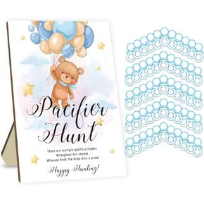 Azbuk Bear Baby Shower Pacifier Hunt Games, Games for Baby Shower, Baby Pacifier Hunt Game Set, 50 Pcs Blue Mini Acrylic Pacifiers with Baby Shower Pacifier Hunt Sign Board Baby Sets