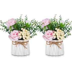 BLOSMON ديكور الطاولة زهور صناعية مزهرية صغيرة وهمية ترتيب زهور الشمبانيا 2 قطعة ترتيب الأزهار للطاولات المركزية المطبخ غرفة الطعام ديكورات زهرة في مزهرية الورود الحريرية in Kuwait