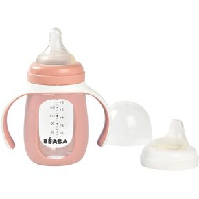 BEABA 2-in-1 Glass Baby Bottle to Glass Training Sippy Cup, Learning Cup, Baby Bottle with Soft Silicone Nipple and Sippy Spout, Baby, Toddler 7 oz (Charcoal)