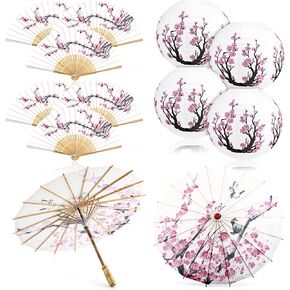 12 Pcs Cherry Blossom Decor Set, Including 2 Pcs Chinese Japanese Oiled Paper Umbrella, 4 Pcs Cherry Blossom Pink Paper Lanterns and 6 Pcs Handheld Silk Decorative Folding Fans for Wedding Party Favor in Saudi Arabia