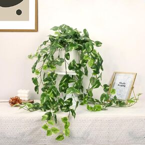Fake Plants Indoor, Artifical Potted Trailing Ivy Faux Pothos Plant for Home Decor Fake Greenery with White Ceramic Planter for Bedroom Living Room Office Garden Table Shelf Decor(Dark Green) in Kuwait