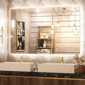 Keonjinn 24 x 32 Inch LED Backlit Mirror Lighted Bathroom Vanity Mirror 3 colors Warm/Natural/White Lights High Lumen, Anti-Fog & Dimmer Wall Mounted LED Makeup Mirror with Lights(Vertical/Horizontal) in Kuwait