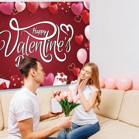 Happy Valentine's Day Banner Backdrop Red Pink Happy Valentine's Day Bakcground Love Heart Theme Photo Booth Props Banner for Valentines Day Party Decorations Supplies, 71" X 43" in Kuwait