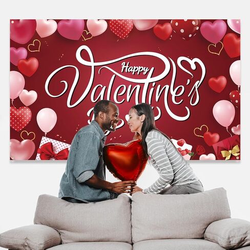 Happy Valentine's Day Banner Backdrop Red Pink Happy Valentine's Day Bakcground Love Heart Theme Photo Booth Props Banner for Valentines Day Party Decorations Supplies, 71" X 43" in Kuwait