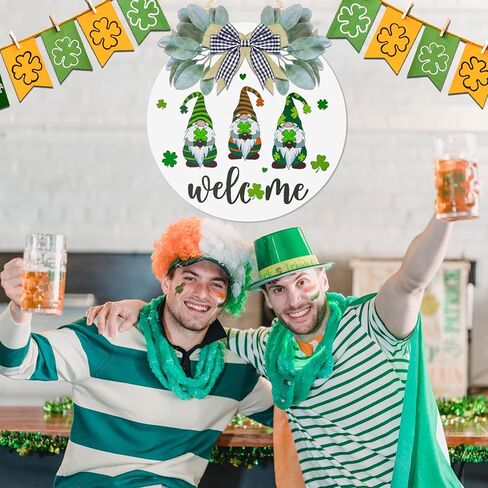 زينة يوم القديس باتريك 12 بوصة إكليل علامة الترحيب للباب الأمامي علامة باب خشبية معلقة سانت باتريك مع التماثيل شامروك + 15 بوصة إكليل شماعات لديكور المنزل المزرعة (أسود) in Kuwait