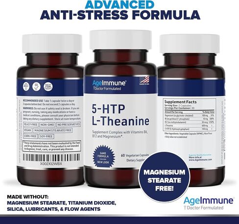 Serenity Formula for Stress Relief for Teens and Adults with 5-HTP, L-Theanine, Vitamin B6, Vitamin B12, Magnesium. 60 Veggie Capsules. Doctor Formulated, Magnesium Stearate Free. in Saudi Arabia