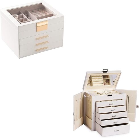 Frebeauty Large Clear Lid Jewelry Box Bundle:Multi-functional with 5 Drawers (White) and 4 Layers Jewelry Organizer (White) for Rings Earrings Necklace Bracelets for Women Girls in Kuwait