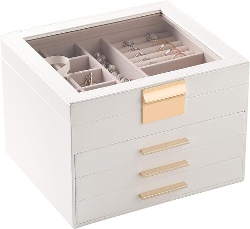 Frebeauty Large Clear Lid Jewelry Box Bundle:Multi-functional with 5 Drawers (White) and 4 Layers Jewelry Organizer (White) for Rings Earrings Necklace Bracelets for Women Girls in Kuwait