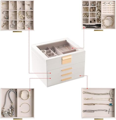 Frebeauty Large Clear Lid Jewelry Box Bundle:Multi-functional with 5 Drawers (White) and 4 Layers Jewelry Organizer (White) for Rings Earrings Necklace Bracelets for Women Girls in Kuwait