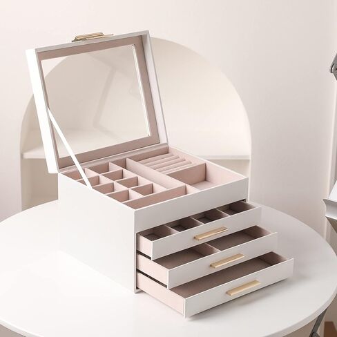Frebeauty Large Clear Lid Jewelry Box Bundle:Multi-functional with 5 Drawers (White) and 4 Layers Jewelry Organizer (White) for Rings Earrings Necklace Bracelets for Women Girls in Kuwait