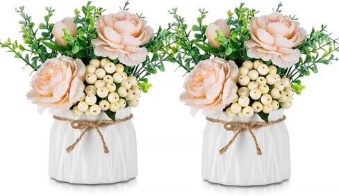 BLOSMON Table Decor Artificial Flowers Vase Small Fake Champagne Flower Arrangement 2pcs Floral Arrangement for Tables centerpieces Kitchen Dining Room Decorations Flower in Vase Silk Roses in Saudi Arabia