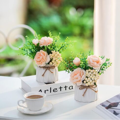 BLOSMON Table Decor Artificial Flowers Vase Small Fake Champagne Flower Arrangement 2pcs Floral Arrangement for Tables centerpieces Kitchen Dining Room Decorations Flower in Vase Silk Roses in Saudi Arabia