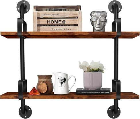 SteelHaven Industrial Floating Wall Shelves, 2 Tier Rustic Hanging Shelf, Wall Mount Wood Storage Display Shelves for Living Room Bathroom Bedroom Kitchen Office in Saudi Arabia