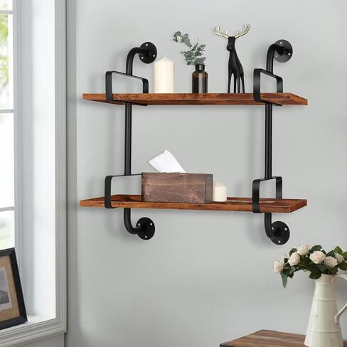 SteelHaven Industrial Floating Wall Shelves, 2 Tier Rustic Hanging Shelf, Wall Mount Wood Storage Display Shelves for Living Room Bathroom Bedroom Kitchen Office in Saudi Arabia