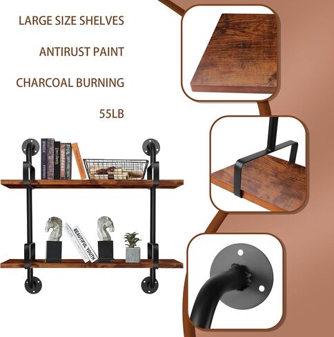 SteelHaven Industrial Floating Wall Shelves, 2 Tier Rustic Hanging Shelf, Wall Mount Wood Storage Display Shelves for Living Room Bathroom Bedroom Kitchen Office in Saudi Arabia