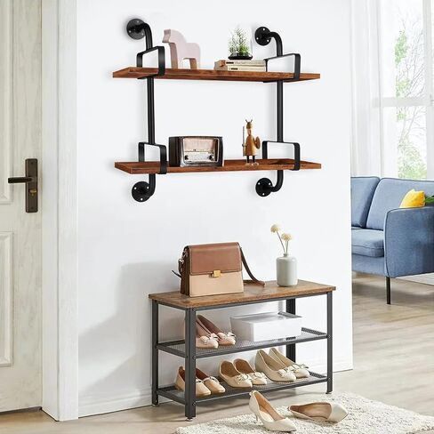 SteelHaven Industrial Floating Wall Shelves, 2 Tier Rustic Hanging Shelf, Wall Mount Wood Storage Display Shelves for Living Room Bathroom Bedroom Kitchen Office in Saudi Arabia