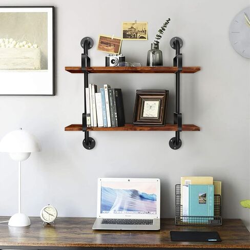 SteelHaven Industrial Floating Wall Shelves, 2 Tier Rustic Hanging Shelf, Wall Mount Wood Storage Display Shelves for Living Room Bathroom Bedroom Kitchen Office in Saudi Arabia