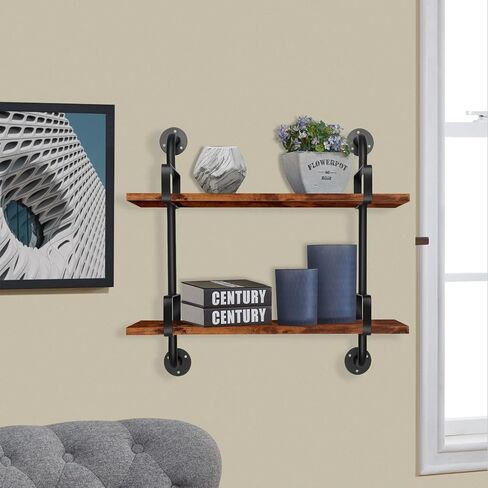 SteelHaven Industrial Floating Wall Shelves, 2 Tier Rustic Hanging Shelf, Wall Mount Wood Storage Display Shelves for Living Room Bathroom Bedroom Kitchen Office in Saudi Arabia