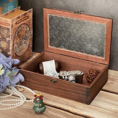 Vintage Wooden Storage Box with Glass Lid, Keepsake Box Small Decorative Storage Box for Jewelry, Trinket, Gift and Home Decorations (Small) in Saudi Arabia