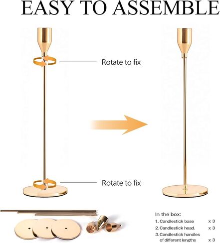 حاملات الشموع مجموعة من 3 حاملات شموع معدنية طويلة للشموع المستدقة، قطعة مركزية زخرفية لحفلات الزفاف، وتناول الطعام، وغرفة المعيشة، تناسب شموع بسمك 3/4 بوصة وشموع LED in Kuwait