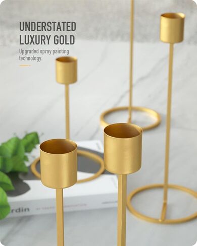 بافيكت مجموعة من 5 حوامل شموع ذهبية مستدبة، حوامل شمعدان مدببة مزخرفة لحفلات الزفاف قطعة مركزية تناسب الشموع في حدود 1 انش in Kuwait