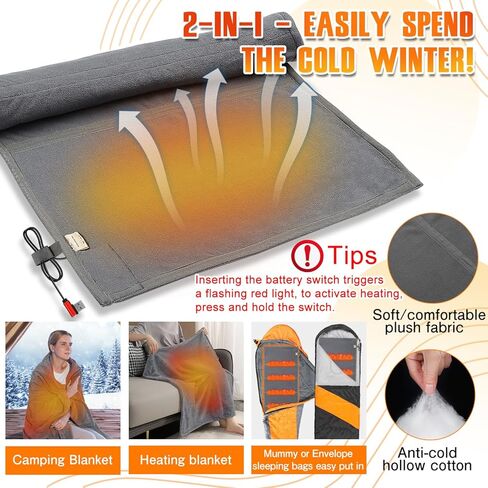 بطانة كيس نوم ساخنة - وسادة تسخين USB لشنط الظهر والتخييم وسخان كيس النوم الكهربائي (بدون بطارية، رمادي، 78 × 28 انش) in Kuwait