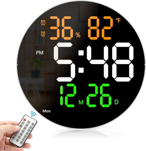 ساعة حائط رقمية مع شاشة LED، جهاز تحكم عن بعد، ساعة منبه رقمية بسطوع 10 مستويات قابلة للتعديل مع درجة الحرارة، التقويم، التاريخ، 12/24 ساعة، ساعة رقمية كبيرة الحجم، مثبتة على الحائط، 2 منبه in Kuwait