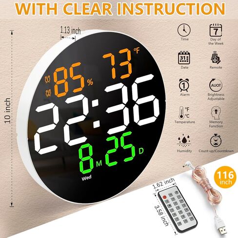 ساعة حائط رقمية مع شاشة LED، جهاز تحكم عن بعد، ساعة منبه رقمية بسطوع 10 مستويات قابلة للتعديل مع درجة الحرارة، التقويم، التاريخ، 12/24 ساعة، ساعة رقمية كبيرة الحجم، مثبتة على الحائط، 2 منبه in Kuwait