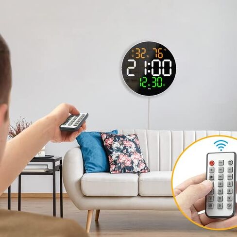 ساعة حائط رقمية مع شاشة LED، جهاز تحكم عن بعد، ساعة منبه رقمية بسطوع 10 مستويات قابلة للتعديل مع درجة الحرارة، التقويم، التاريخ، 12/24 ساعة، ساعة رقمية كبيرة الحجم، مثبتة على الحائط، 2 منبه in Kuwait