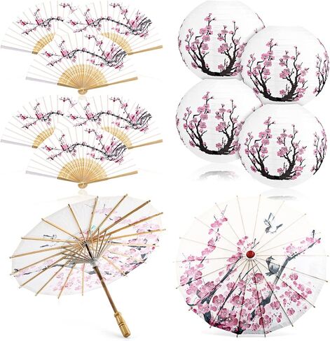 12 Pcs Cherry Blossom Decor Set, Including 2 Pcs Chinese Japanese Oiled Paper Umbrella, 4 Pcs Cherry Blossom Pink Paper Lanterns and 6 Pcs Handheld Silk Decorative Folding Fans for Wedding Party Favor in Saudi Arabia