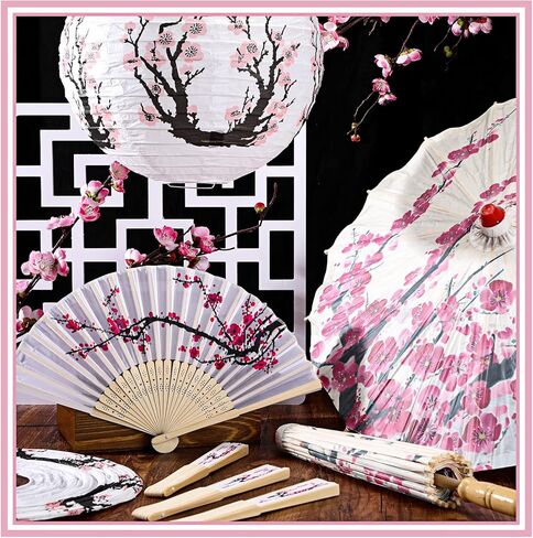 12 Pcs Cherry Blossom Decor Set, Including 2 Pcs Chinese Japanese Oiled Paper Umbrella, 4 Pcs Cherry Blossom Pink Paper Lanterns and 6 Pcs Handheld Silk Decorative Folding Fans for Wedding Party Favor in Saudi Arabia