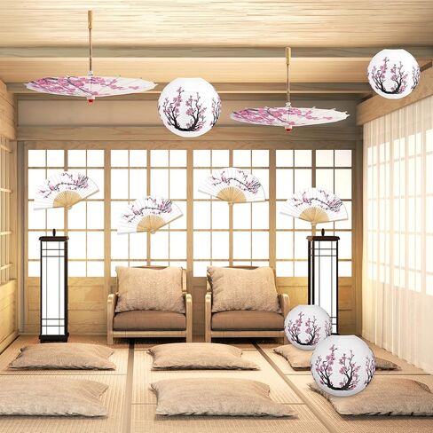 12 Pcs Cherry Blossom Decor Set, Including 2 Pcs Chinese Japanese Oiled Paper Umbrella, 4 Pcs Cherry Blossom Pink Paper Lanterns and 6 Pcs Handheld Silk Decorative Folding Fans for Wedding Party Favor in Saudi Arabia