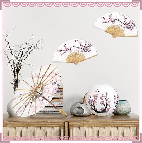 12 Pcs Cherry Blossom Decor Set, Including 2 Pcs Chinese Japanese Oiled Paper Umbrella, 4 Pcs Cherry Blossom Pink Paper Lanterns and 6 Pcs Handheld Silk Decorative Folding Fans for Wedding Party Favor in Saudi Arabia
