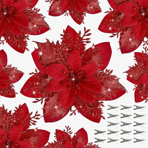 15 PCS Poinsettia Flower Artificial Poinsettia with Clips Christmas Decor Glitter Poinsettia Christmas Ornaments Christmas Tree Flower Decorations with Stems DIY Xmas Wreath Holiday Home Party Decor in Saudi Arabia