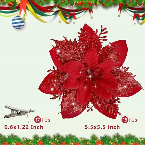 15 PCS Poinsettia Flower Artificial Poinsettia with Clips Christmas Decor Glitter Poinsettia Christmas Ornaments Christmas Tree Flower Decorations with Stems DIY Xmas Wreath Holiday Home Party Decor in Saudi Arabia