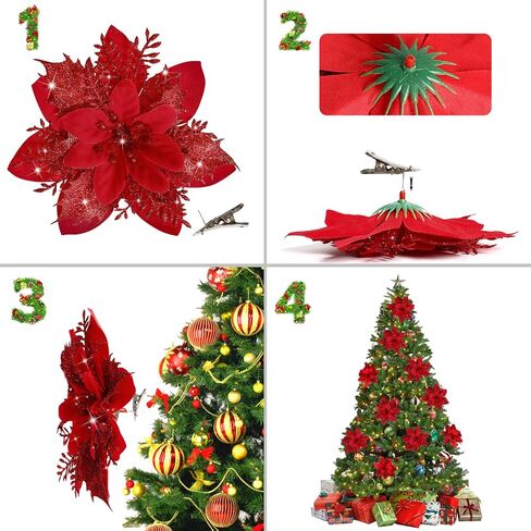 15 PCS Poinsettia Flower Artificial Poinsettia with Clips Christmas Decor Glitter Poinsettia Christmas Ornaments Christmas Tree Flower Decorations with Stems DIY Xmas Wreath Holiday Home Party Decor in Saudi Arabia