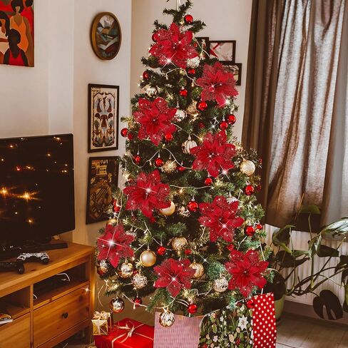 15 PCS Poinsettia Flower Artificial Poinsettia with Clips Christmas Decor Glitter Poinsettia Christmas Ornaments Christmas Tree Flower Decorations with Stems DIY Xmas Wreath Holiday Home Party Decor in Saudi Arabia