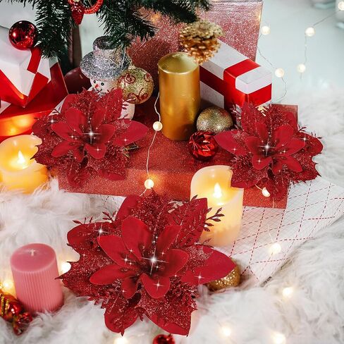 15 PCS Poinsettia Flower Artificial Poinsettia with Clips Christmas Decor Glitter Poinsettia Christmas Ornaments Christmas Tree Flower Decorations with Stems DIY Xmas Wreath Holiday Home Party Decor in Saudi Arabia