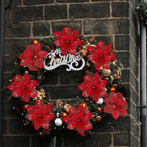 15 PCS Poinsettia Flower Artificial Poinsettia with Clips Christmas Decor Glitter Poinsettia Christmas Ornaments Christmas Tree Flower Decorations with Stems DIY Xmas Wreath Holiday Home Party Decor in Saudi Arabia