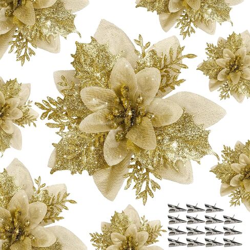 15 PCS Poinsettia Flower Artificial Poinsettia with Clips Christmas Decor Glitter Poinsettia Christmas Ornaments Christmas Tree Flower Decorations with Stems DIY Xmas Wreath Holiday Home Party Decor in Saudi Arabia